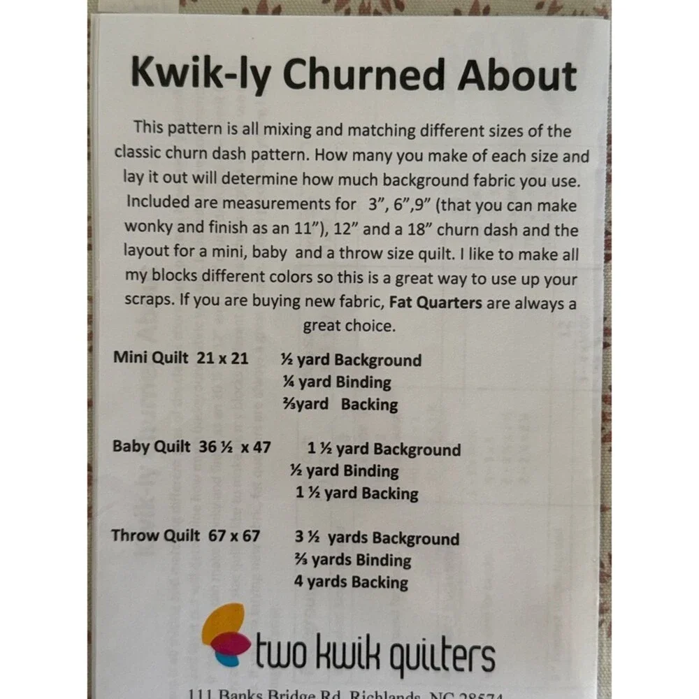 Mini Quilt Pattern Kwik-ly Churned About by Two Kwik Quilters NWT